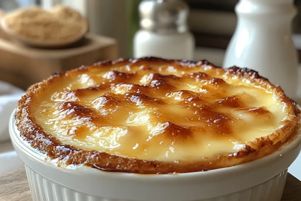 baked-custard-dessert-in-white-ramekin-with-golden-brown-caramelized-top
