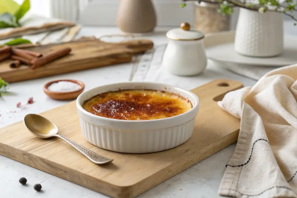 A beautifully presented crème brûlée in a white dish, placed on a wooden board, surrounded by kitchen elements like spices and a spoon.