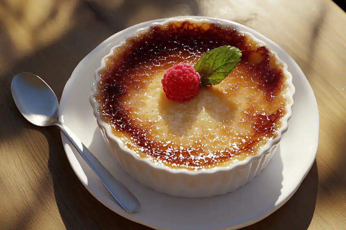 Close-up of a classic crème brûlée with caramelized sugar, mint, and raspberry in a white ramekin.