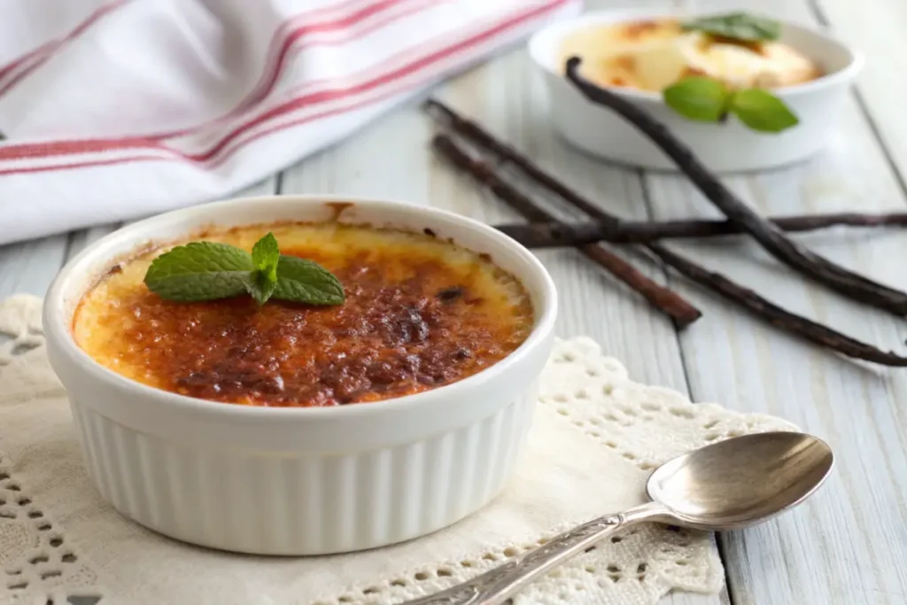 Classic crème brûlée with caramelized sugar crust in a white ramekin, surrounded by vanilla beans and mint.