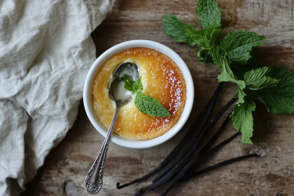 A creamy dessert topped with a mint leaf in a white ramekin, accompanied by a vintage spoon, fresh mint leaves, and vanilla pods on a rustic wooden surface.