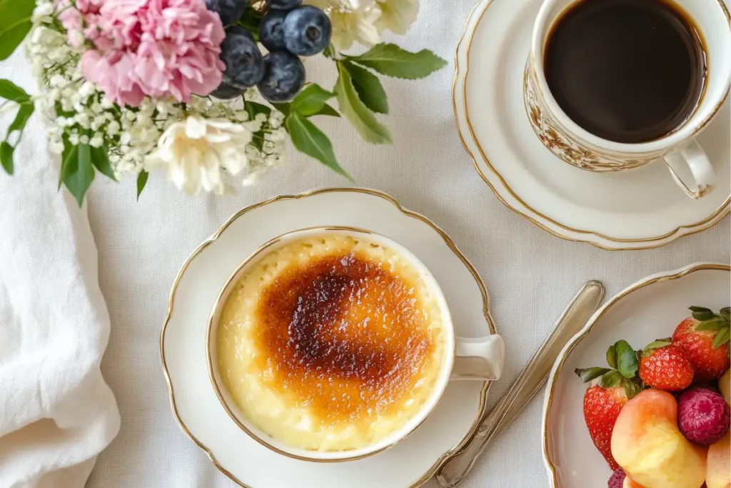 A beautifully caramelized crème brûlée served in an elegant porcelain cup, accompanied by a cup of black coffee, a plate of fresh fruits, and a delicate floral arrangement on a white tablecloth.