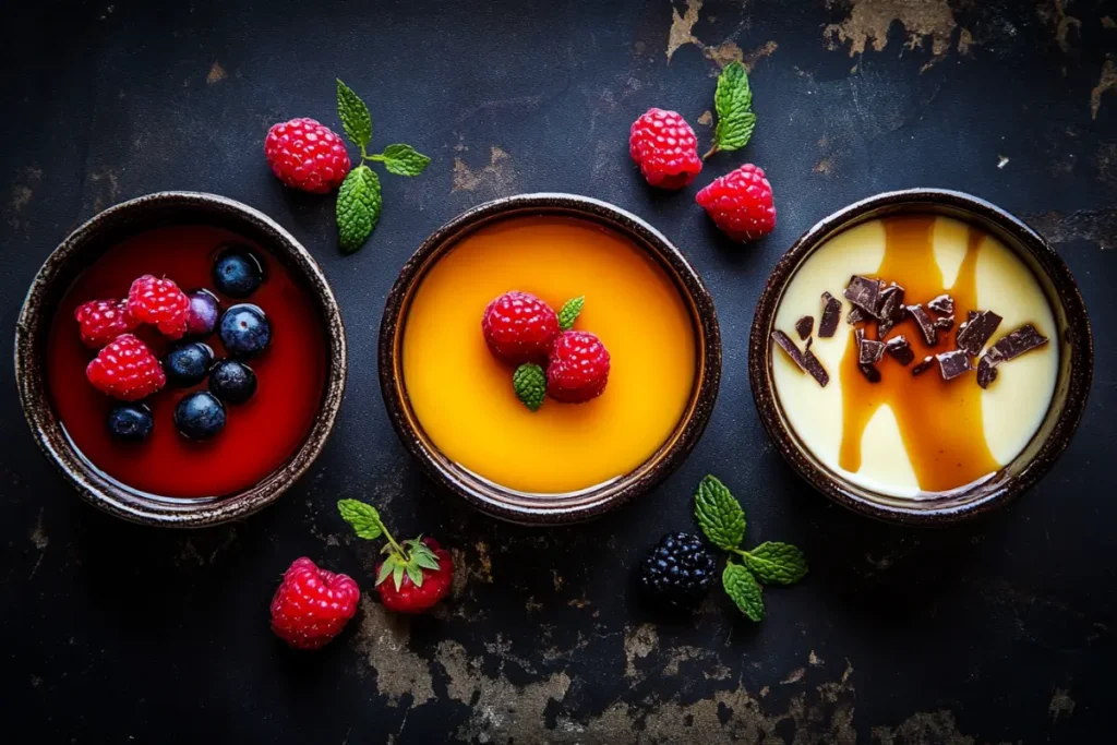 three-bowls-of-custard-red-with-berries-yellow-with-raspberries-white-with-caramel-and-chocolate-dark-background