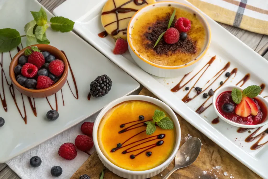 Trio of custard desserts including crème caramel with berries, flan with raspberries, and custard topped with caramel and chocolate on a dark textured background.