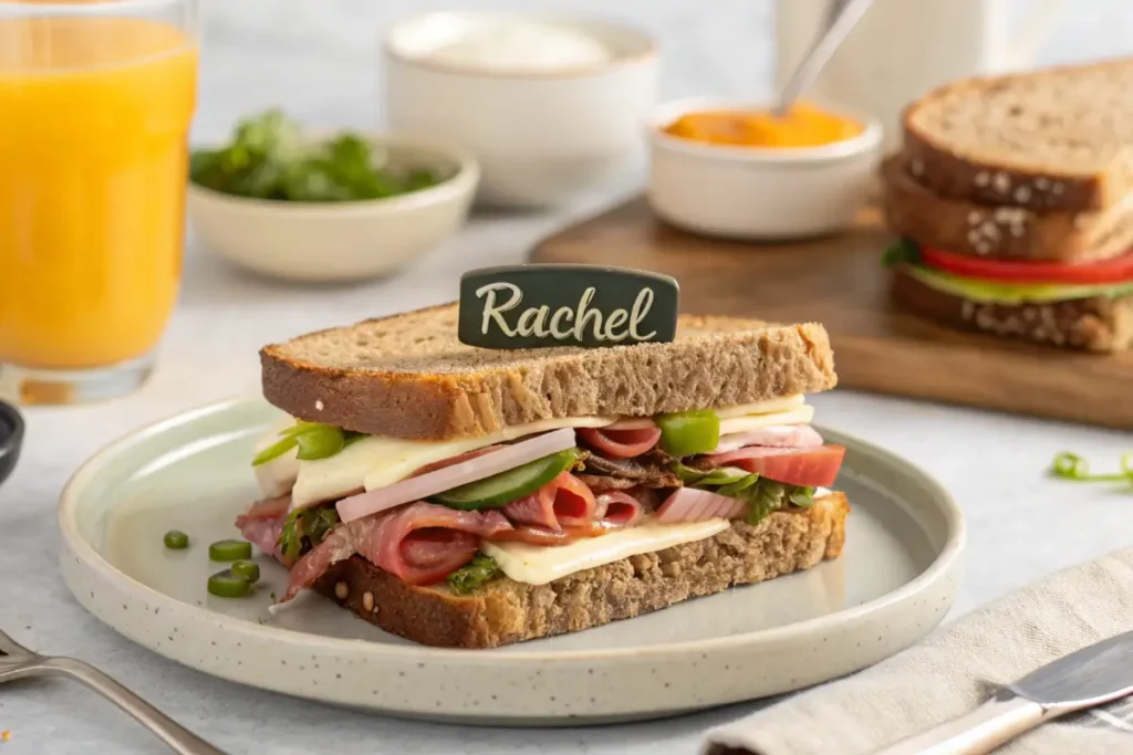 layered-sandwich-on-plate-with-rachel-name-tag-featuring-ham-cheese-veggies-orange-juice-and-other-dishes-in-background