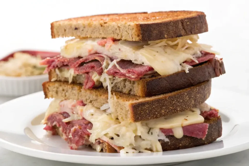 stacked-reuben-sandwich-with-corned-beef-sauerkraut-melted-cheese-on-toasted-rye-bread-served-on-white-plate