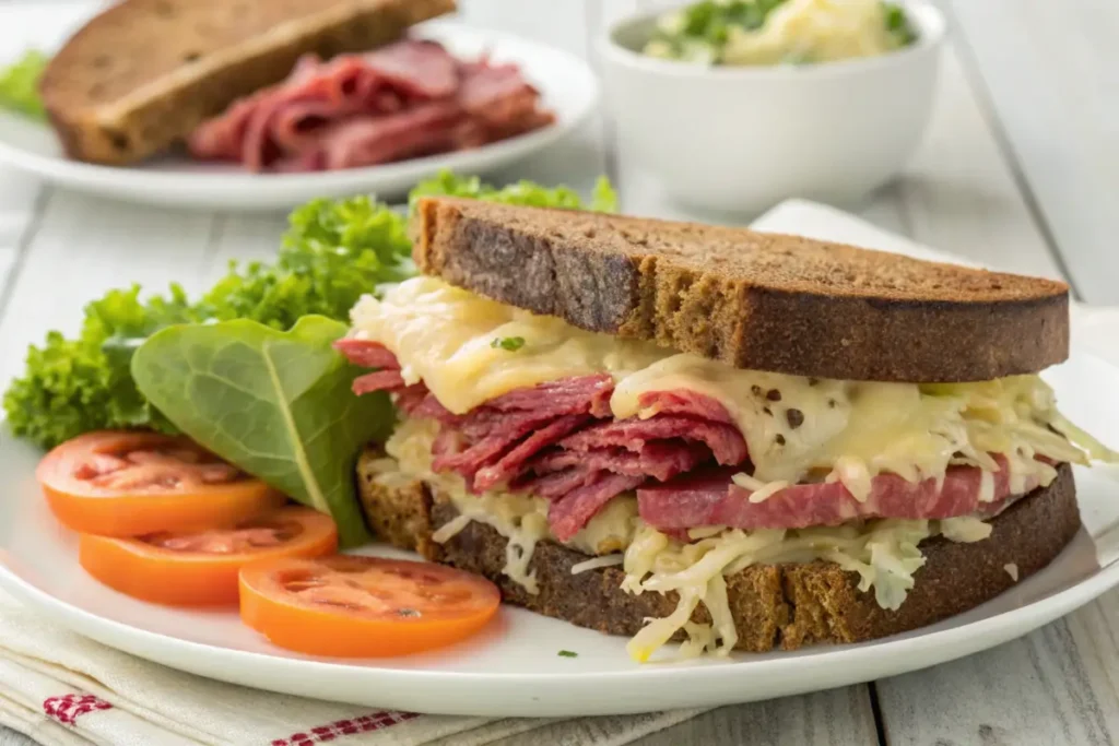 reuben-sandwich-on-rye-bread-with-melted-cheese-sauerkraut-corned-beef-and-tomato-slices-on-a-white-plate