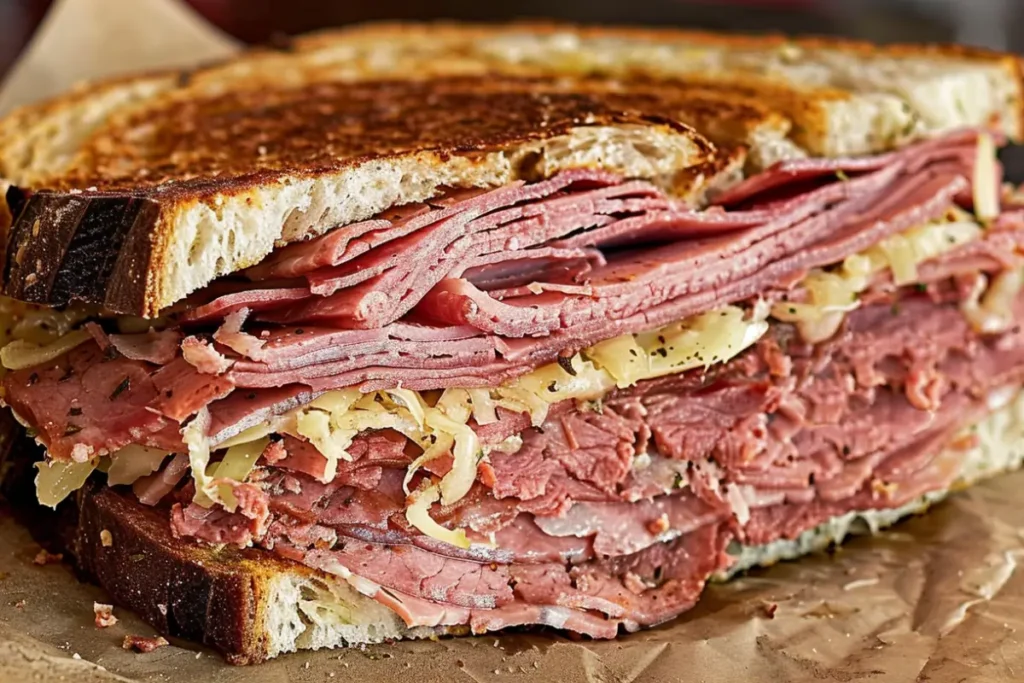 grilled-rye-sandwich-with-layers-of-corned-beef-sauerkraut-and-cheese-served-on-brown-paper