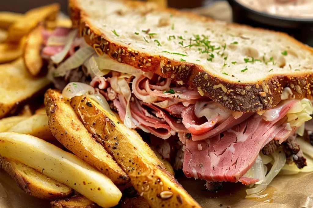 reuben-sandwich-with-corned-beef-sauerkraut-and-fries-on-parchment-paper