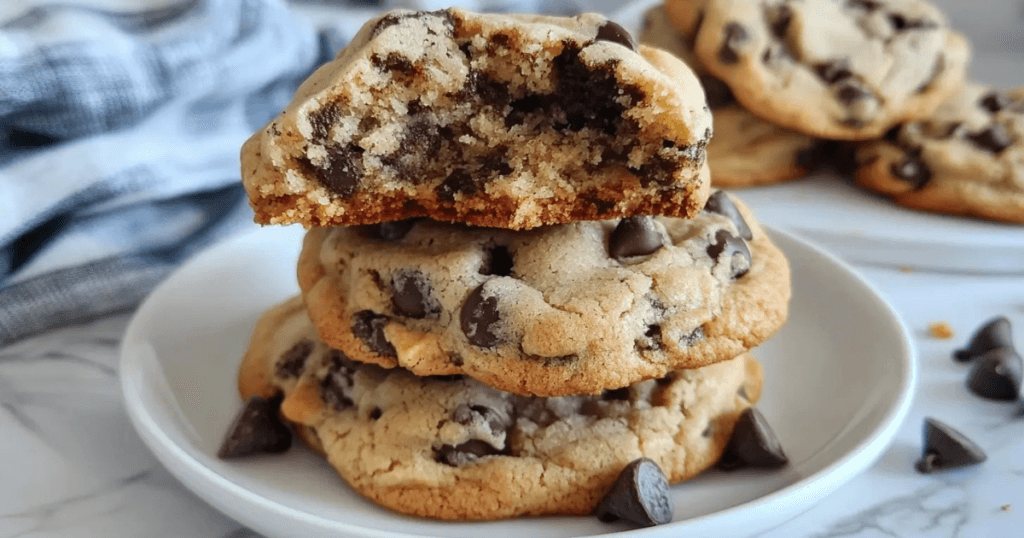 chocolate chip cookies on a white plate, with one cookie broken in half to reveal the gooey chocolate chips inside.