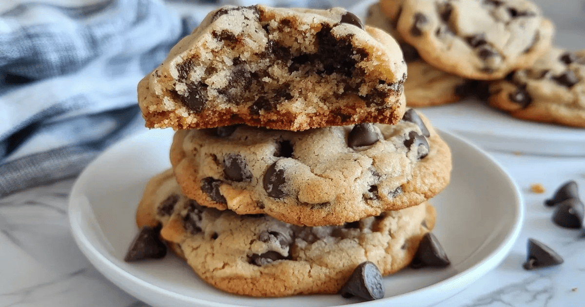 Why Do My Chocolate Chip Cookies Taste Like Cake? 1 chocolate chip cookies on a white plate, with one cookie broken in half to reveal the gooey chocolate chips inside.