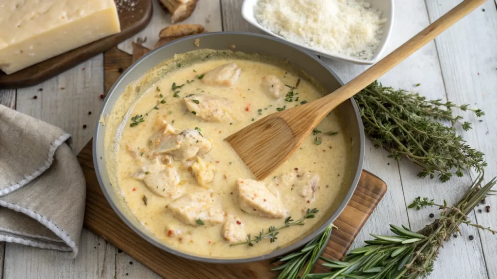 Creamy Marry Me Chicken sauce being stirred with herbs and parmesan on the side.