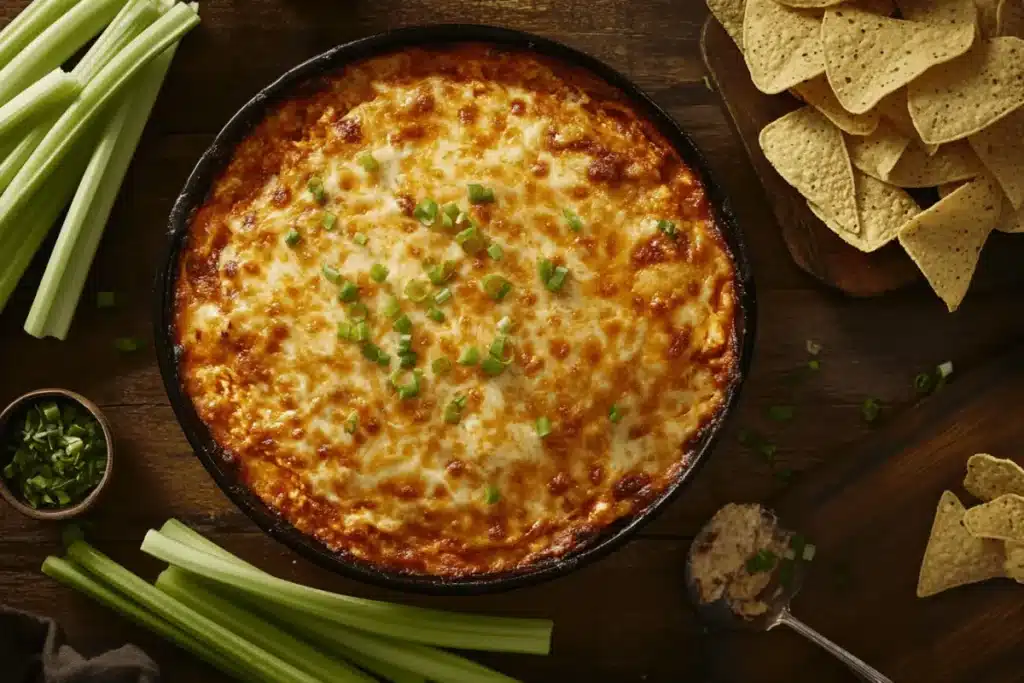 A bubbling casserole dish filled with buffalo chicken dip, topped with golden cheese and garnished with green onions, surrounded by chips and celery sticks.