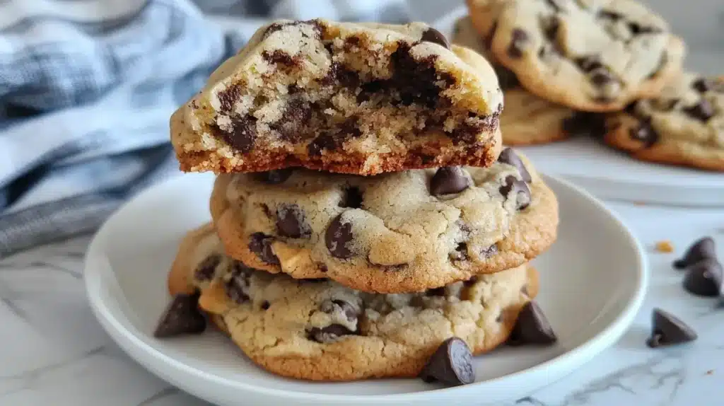 A close-up of freshly baked chocolate chip cookies stacked on a white plate, with one cookie showing a soft, gooey interior filled with chocolate chips.