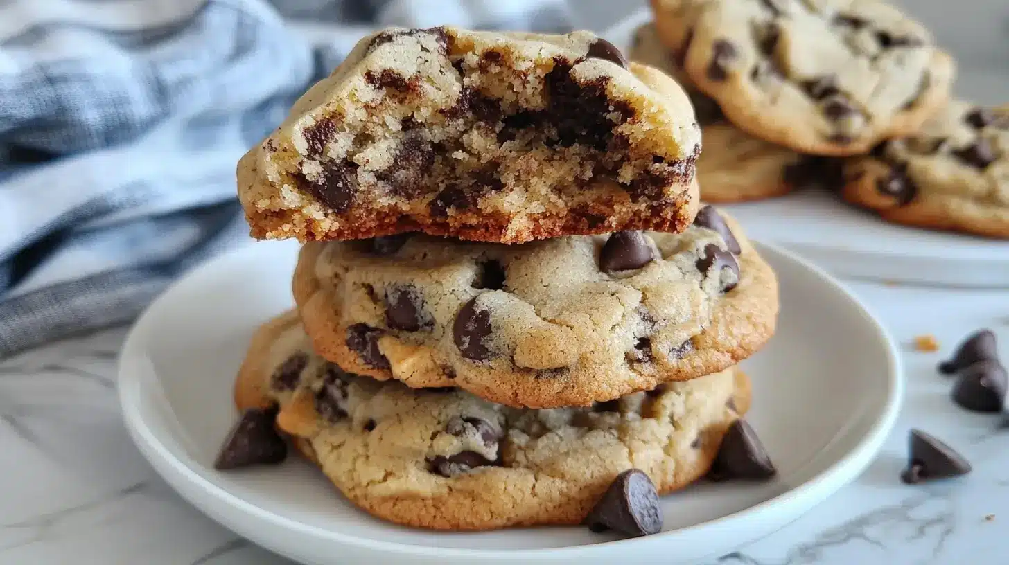 A close-up of freshly baked chocolate chip cookies stacked on a white plate, with one cookie showing a soft, gooey interior filled with chocolate chips.