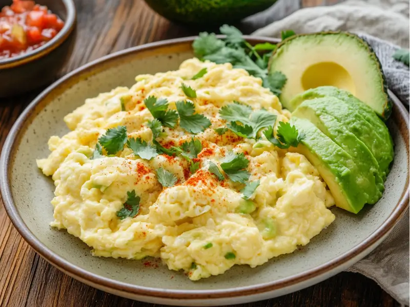 Spicy Avocado Scrambled Eggs Spicy avocado scrambled eggs with chili flakes and fresh cilantro