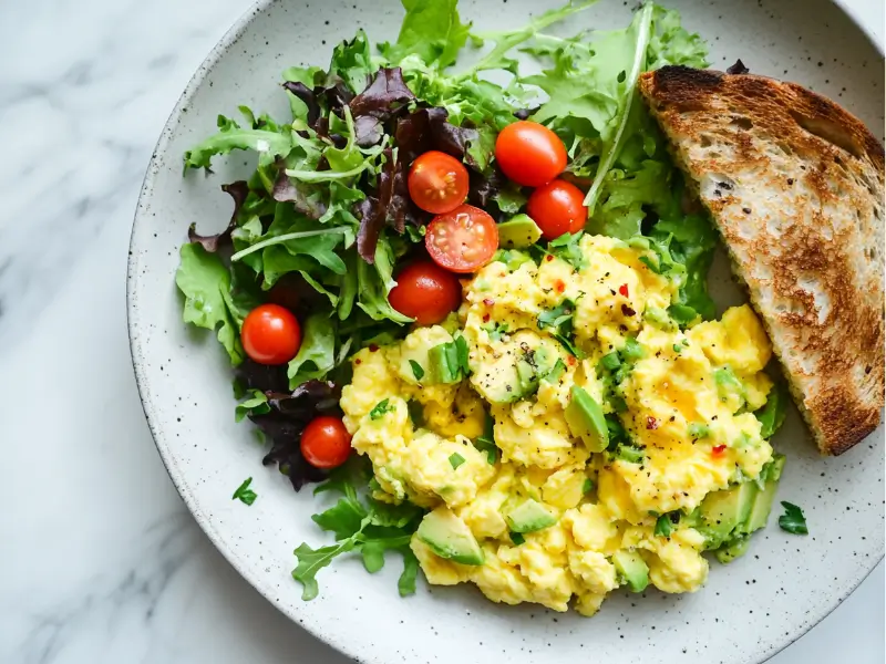Avocado Scrambled Eggs with Salad Avocado scrambled eggs with a side salad and whole-grain toast