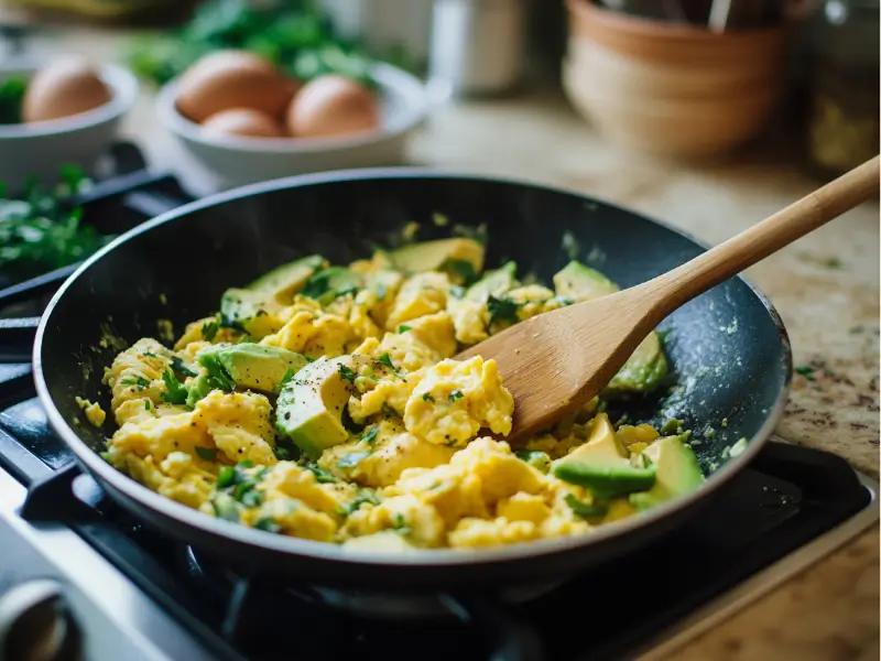 Cooking Avocado Scrambled Eggs Cooking avocado scrambled eggs in a skillet with fresh herbs