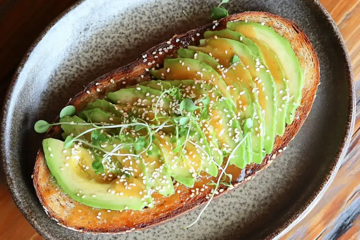 Avocado Toast Calories: A Comprehensive Guide to Nutrition, Recipes, and Benefits 1 Avocado toast with sesame seeds and microgreens on a wooden table.