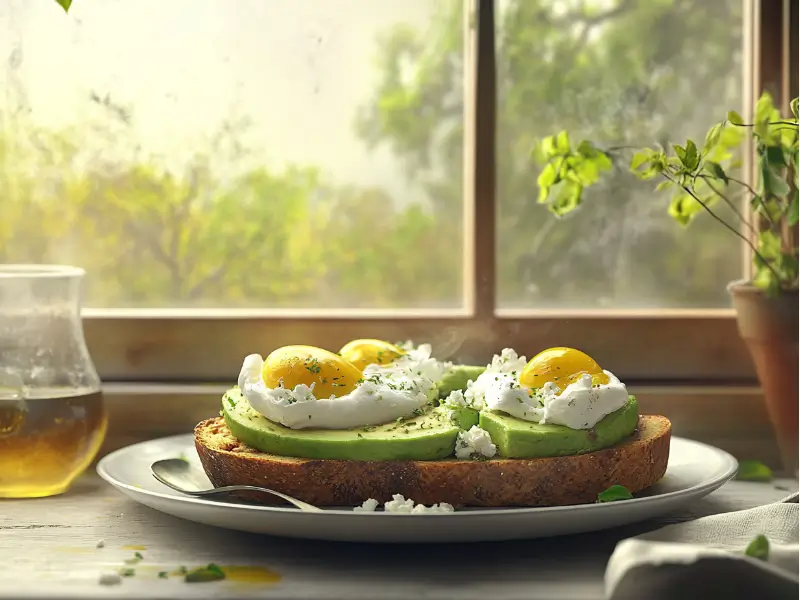 Restaurant-style avocado toast with poached eggs and feta cheese.