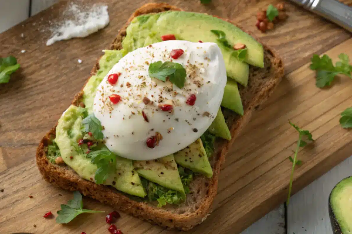 Avocado Toast with Egg grams of fiber 1 Avocado toast with poached egg, garnished with herbs and served on a wooden board.