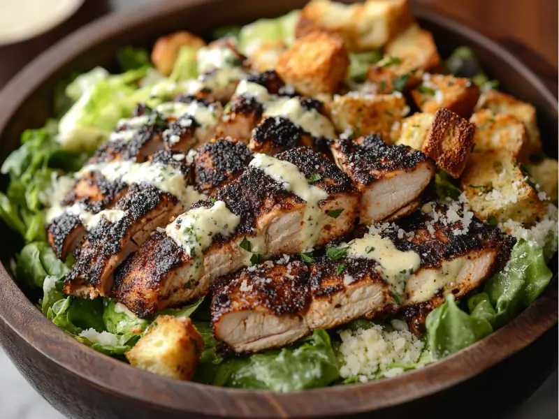 Blackened Chicken Caesar Salad 1 Blackened chicken Caesar salad with romaine lettuce, croutons, and Parmesan cheese