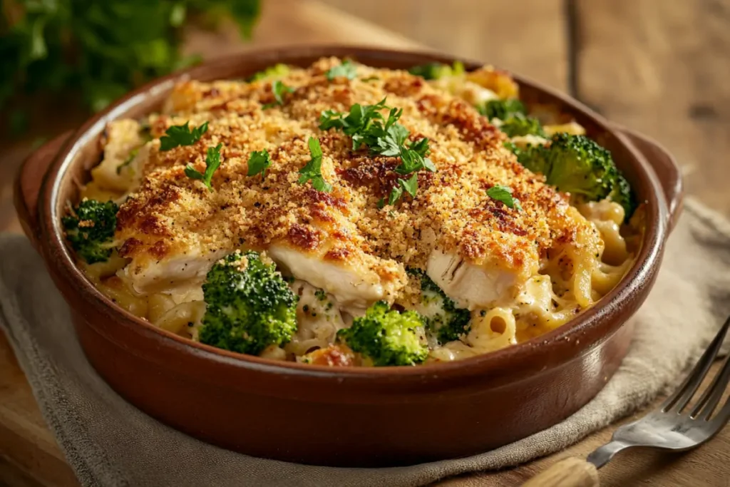 Golden-baked chicken casserole with pasta and broccoli in a ceramic dish.