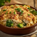 Golden-baked chicken casserole with pasta and broccoli in a ceramic dish.