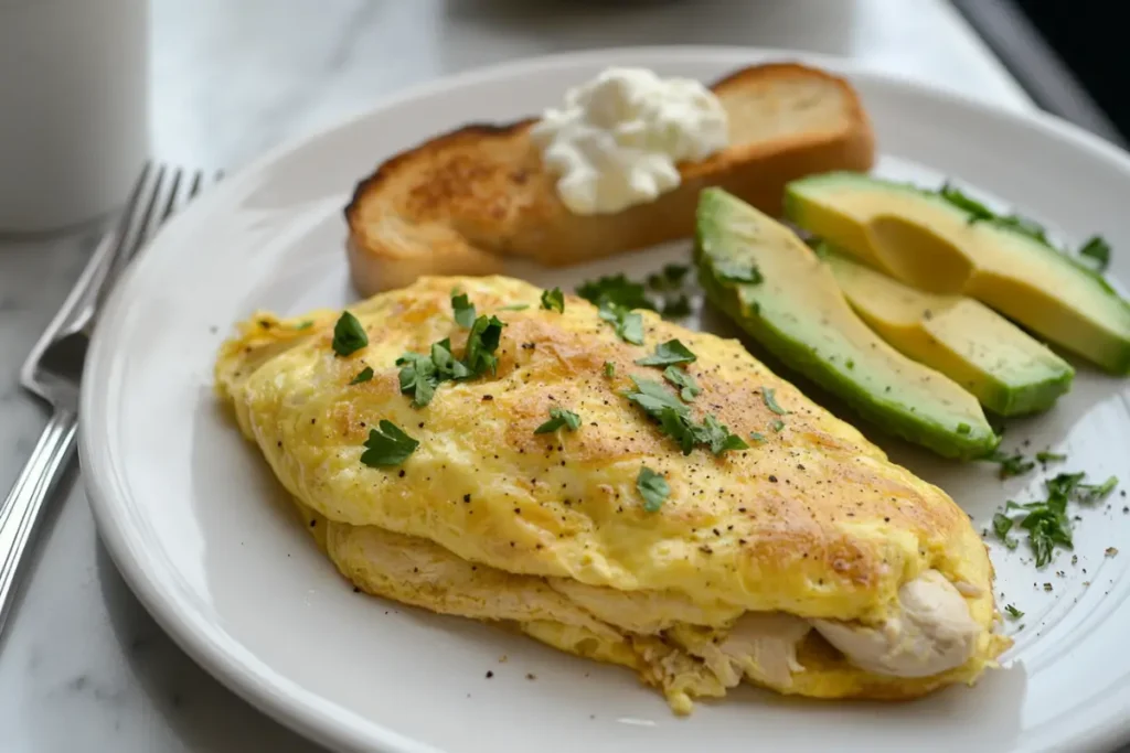 Perfectly cooked chicken omelet with avocado and toast