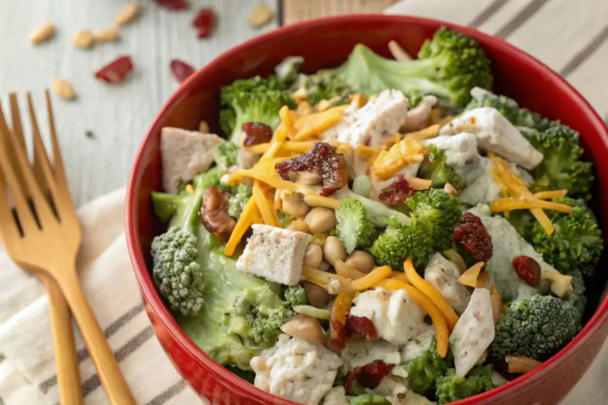 Chicken Salad Chick Broccoli Salad Recipe in a bowl with fresh broccoli, cheese, and bacon bits.