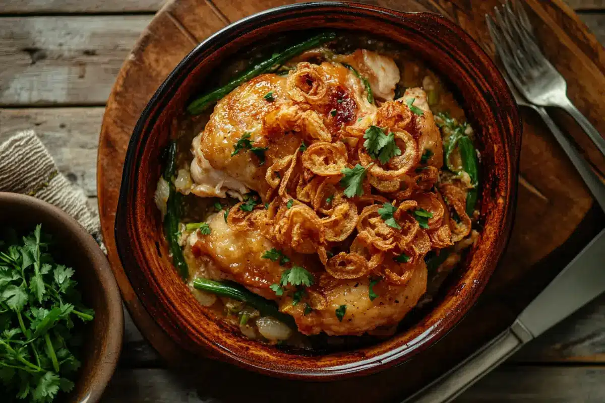 Golden-brown Chicken and Green Bean Casserole in a ceramic dish, topped with crispy onions and parsley.