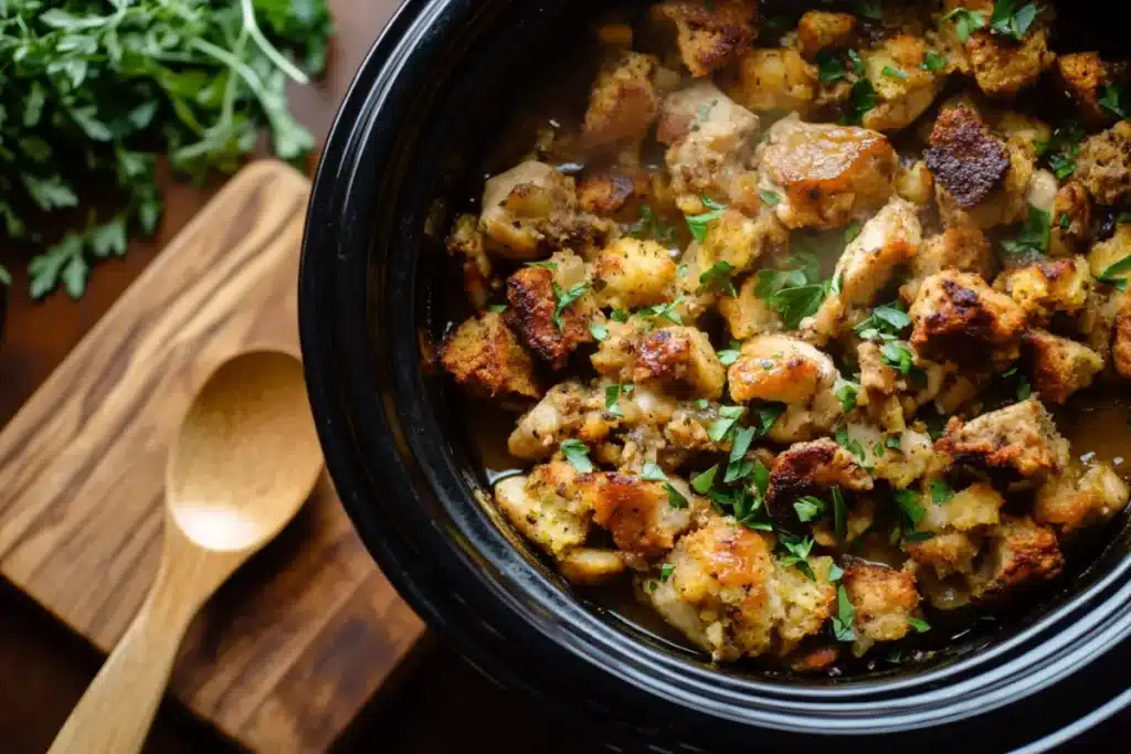 Golden-brown chicken and stuffing crockpot meal with fresh parsley garnish