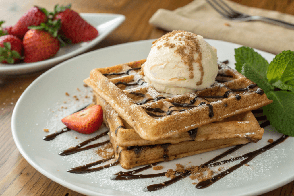 Golden churro waffles with cinnamon sugar, chocolate drizzle, and vanilla ice cream.