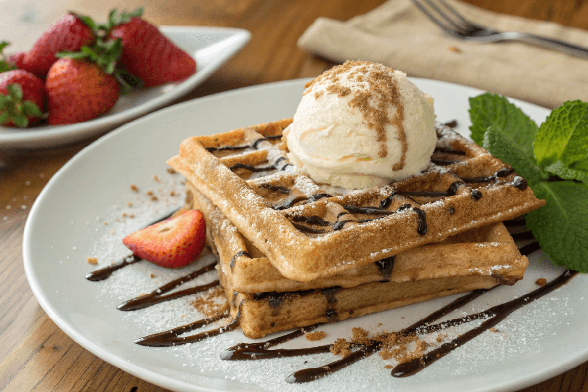 Churro Waffles: A Delicious Fusion of Flavors 1 Golden churro waffles with cinnamon sugar, chocolate drizzle, and vanilla ice cream.