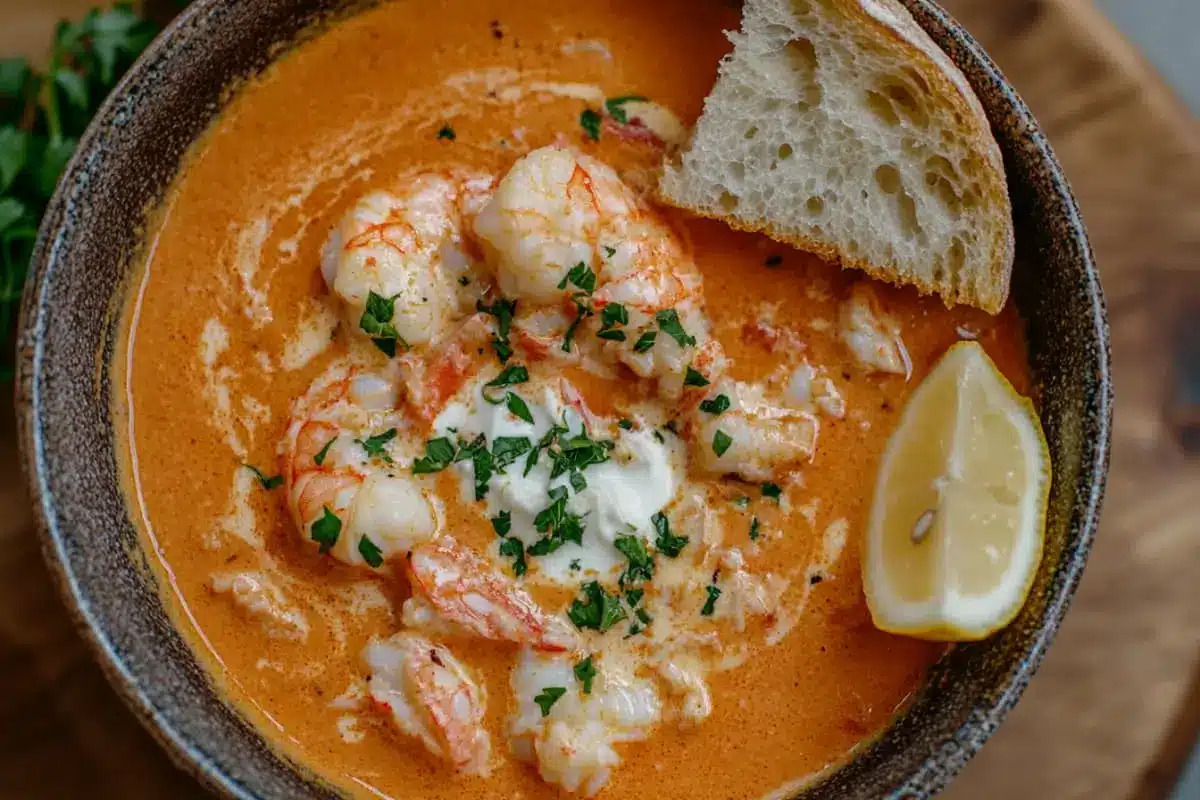 Crab and Shrimp Seafood bisque 1 Creamy crab and shrimp seafood bisque in a bowl, garnished with parsley and served with bread.