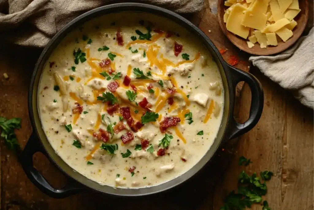 A steaming pot of Crack Chicken Penne with bacon and cheese, garnished with parsley, on a rustic table.