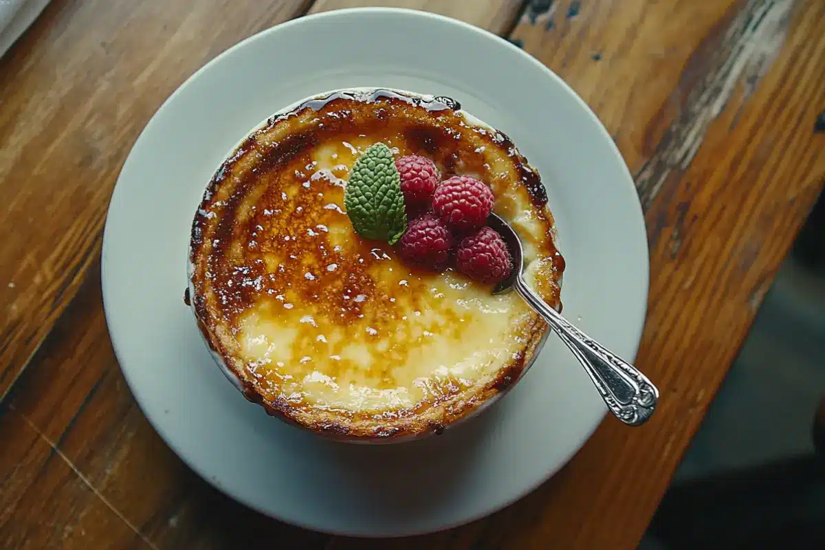 Is Crème Brûlée Basically Custard? Understanding the Delicate Differences 1 Close-up of a classic crème brûlée with a caramelized topping and garnishes.