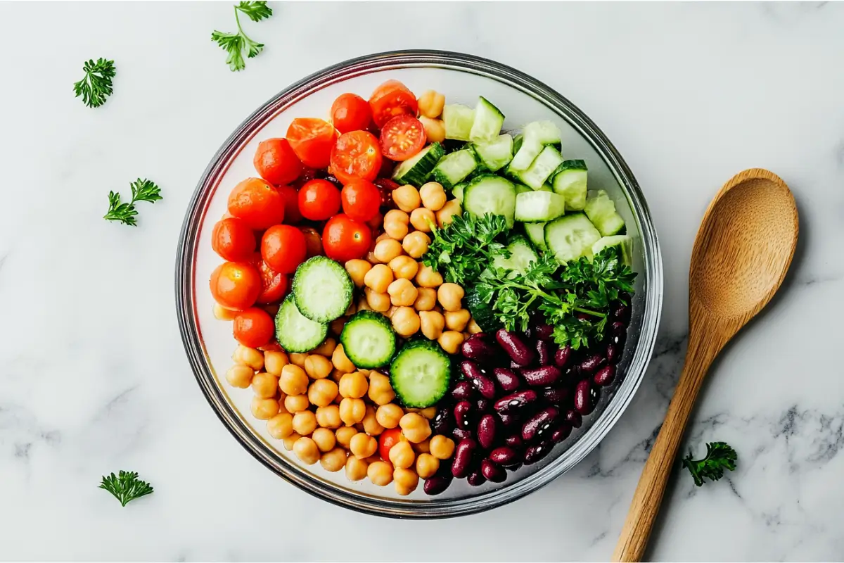 Colorful dense bean salad with kidney beans, black beans, chickpeas, and fresh vegetables in a glass bowl.