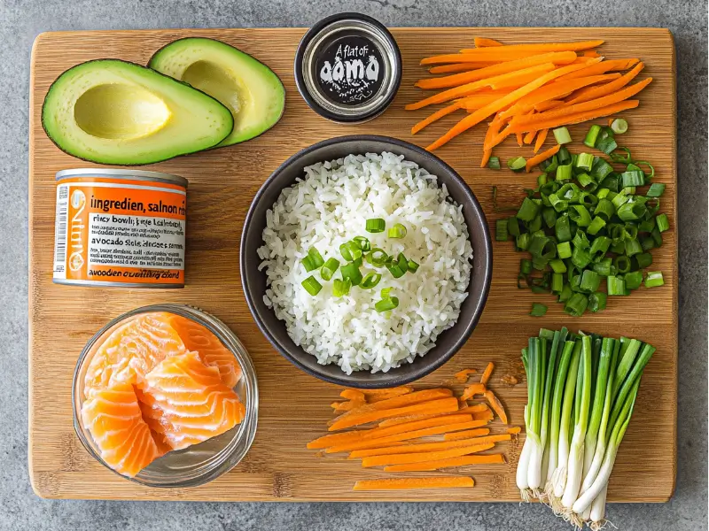 Ingredients for a canned salmon rice bowl arranged on a cutting board.