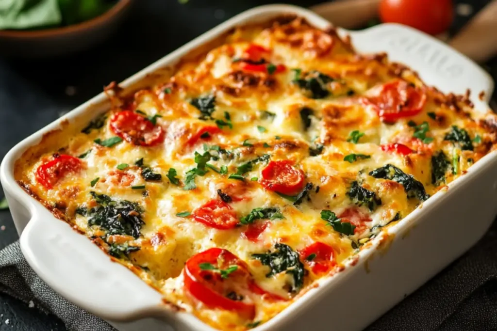 Freshly baked high protein breakfast casserole with cheese and veggies.