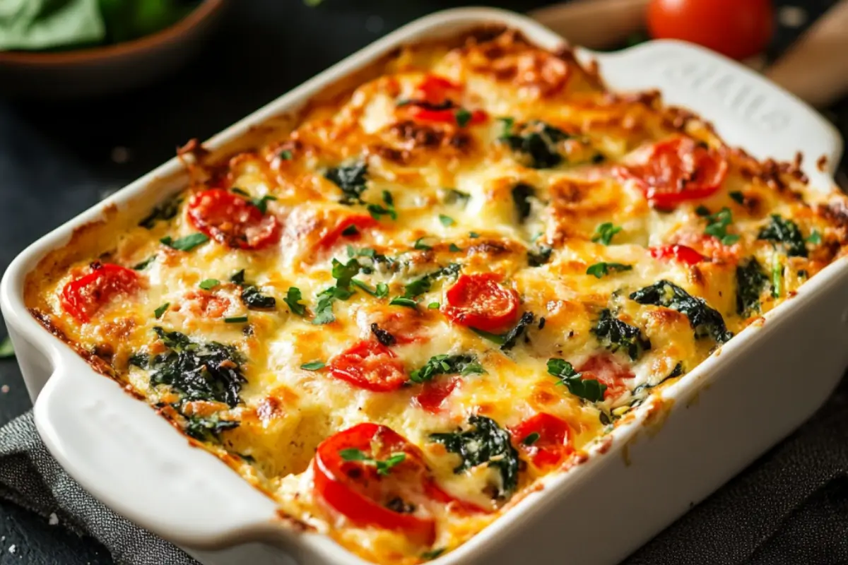 Freshly baked high protein breakfast casserole with cheese and veggies.