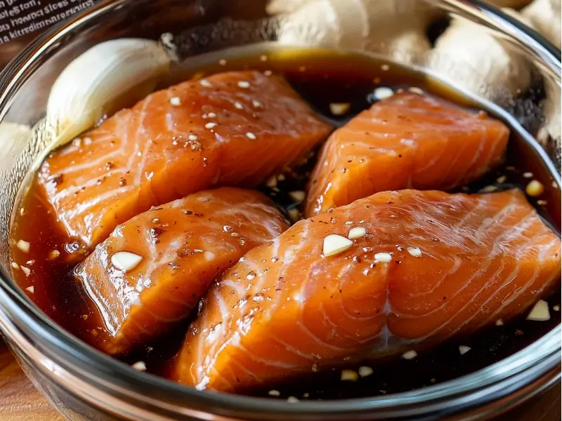 Marinated salmon fillets in a soy-ginger sauce with fresh ingredients.