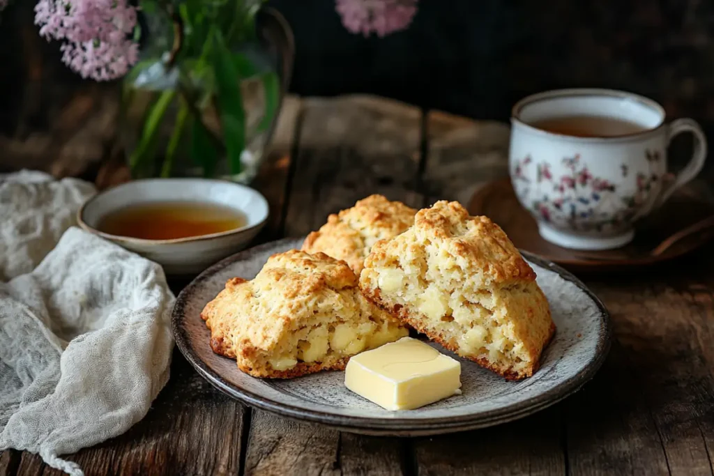A plate of golden-brown banana scones served with butter and honey.