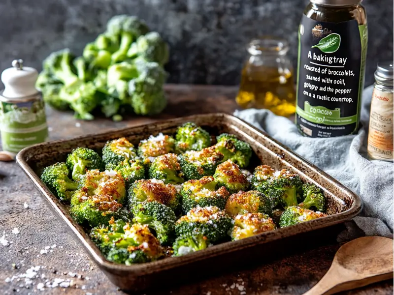 Roasted broccoli florets with crispy edges on a baking tray