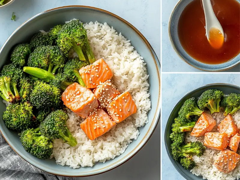 Step-by-step assembly of a salmon broccoli rice bowl with sesame dressing.