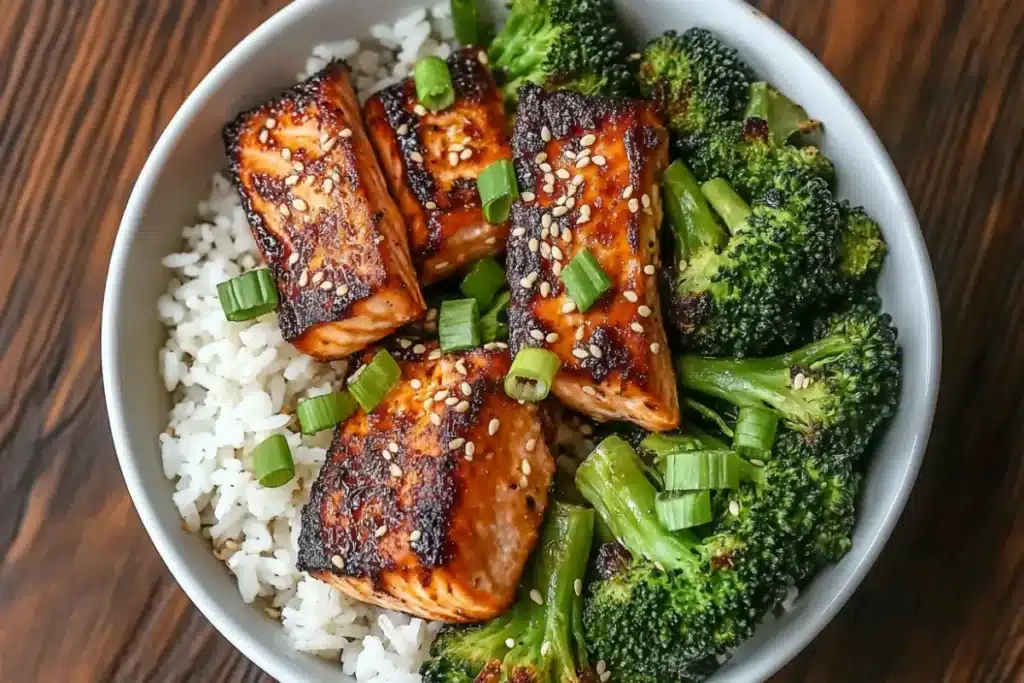 Top-down view of a salmon broccoli rice bowl with sesame seeds and scallions.