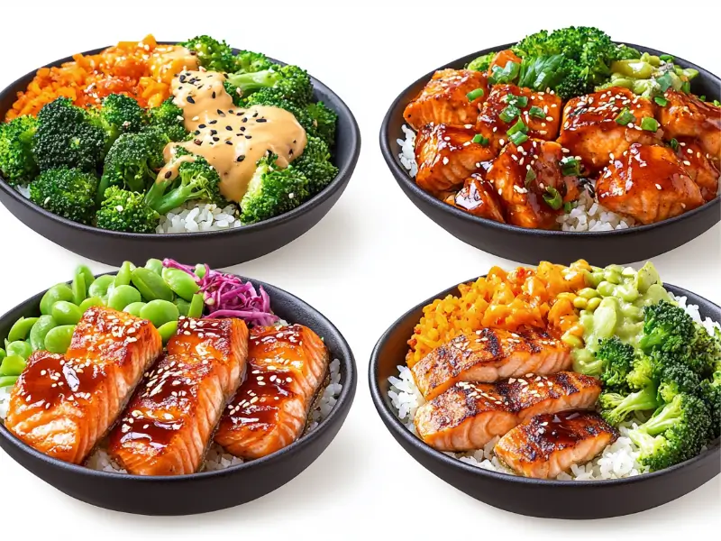 Four variations of salmon broccoli rice bowls styled side-by-side.