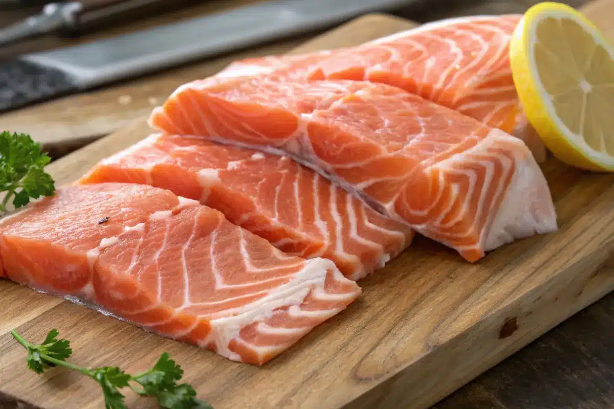 Fresh raw salmon belly slices with marbled texture on a cutting board