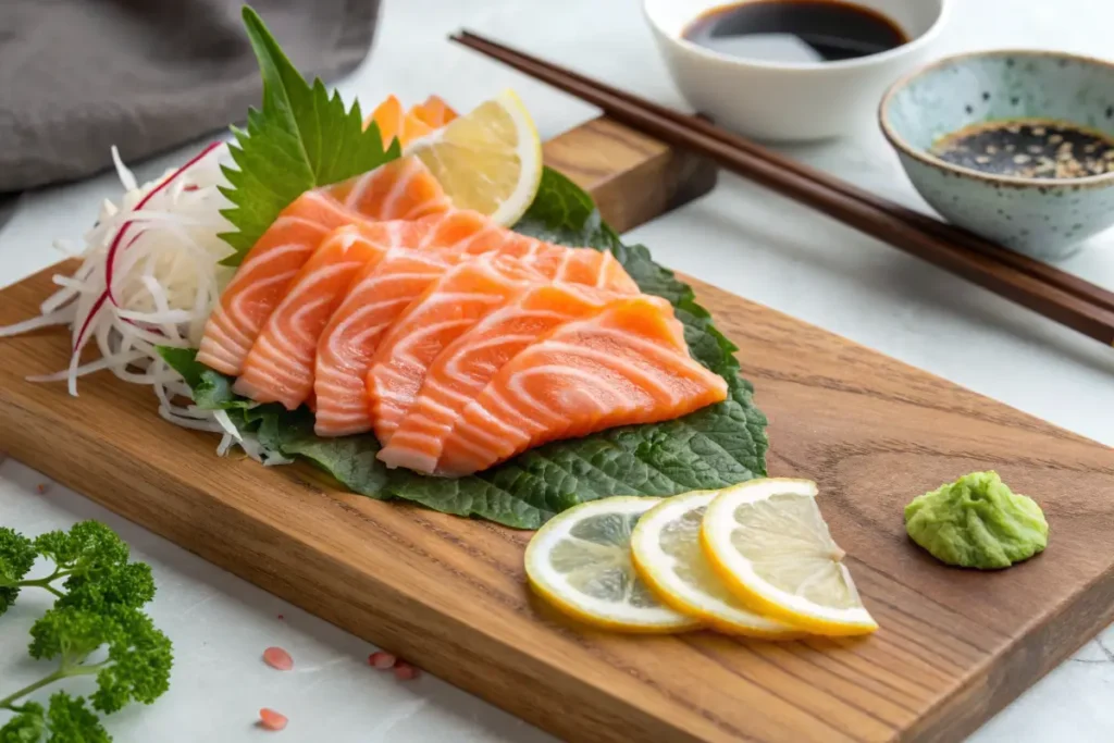 Fresh salmon belly sashimi with garnishes on a wooden board