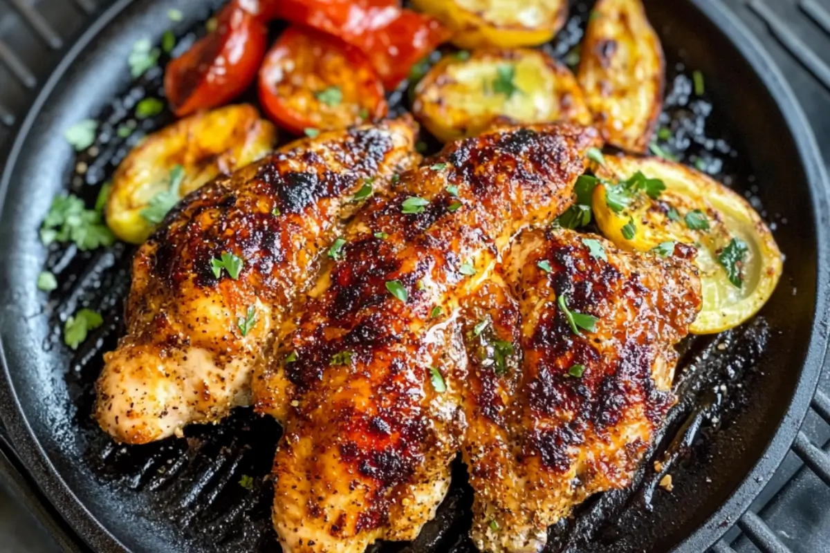 Juicy smoked chicken with crispy golden skin on a smoker grate.